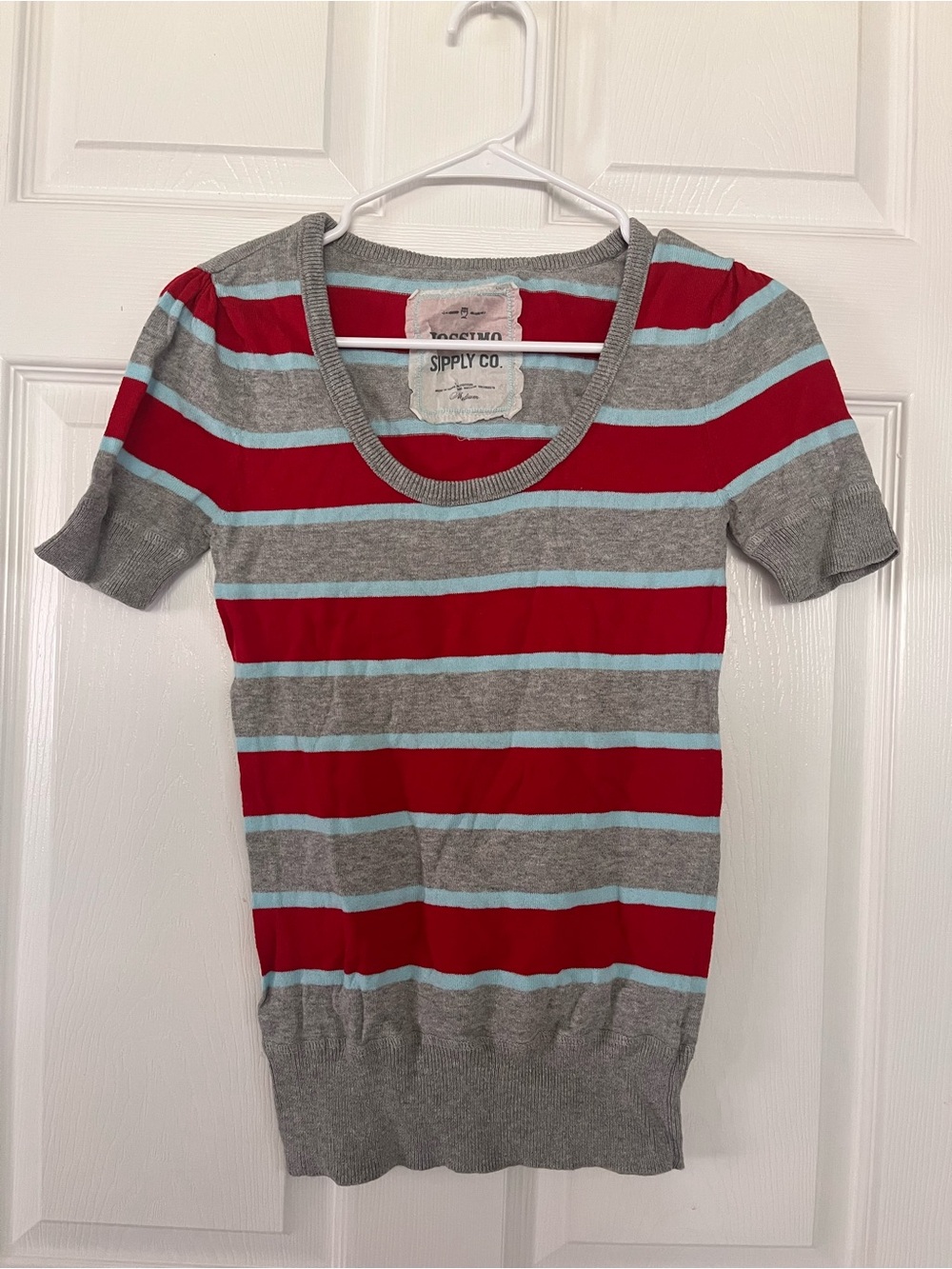 Mossimo Supply Co. Gray Red and Light Blue Striped Scoop-Neck Sweater
